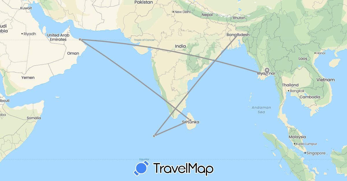 TravelMap itinerary: plane in Bangladesh, Sri Lanka, Myanmar (Burma), Maldives, Oman (Asia)